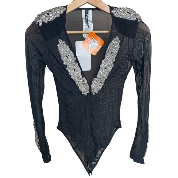 Y2K KikiRiki Small Black Rhinestone NWT Mesh Bodysuit - Picture 1 of 7